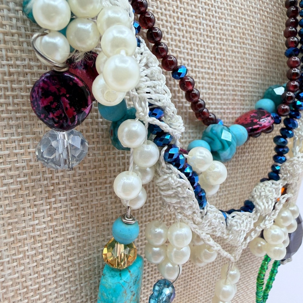 Vintage Y2K Multi Strand Beaded Turquoise Pearl Necklace Boho Statement Jewelry - Picture 7 of 14